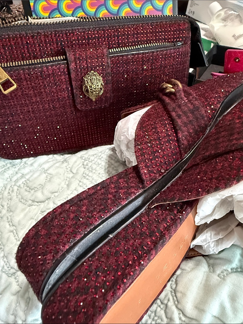 Kurt Geiger Burgundy Sparkle Crossbody Bag with Gold Accent and Chain slide mule